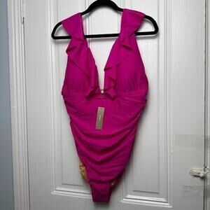 J Crew Swimsuit Womens 18 Pink Ruched Ruffle One Piece Sleeveless V Neck NWT
